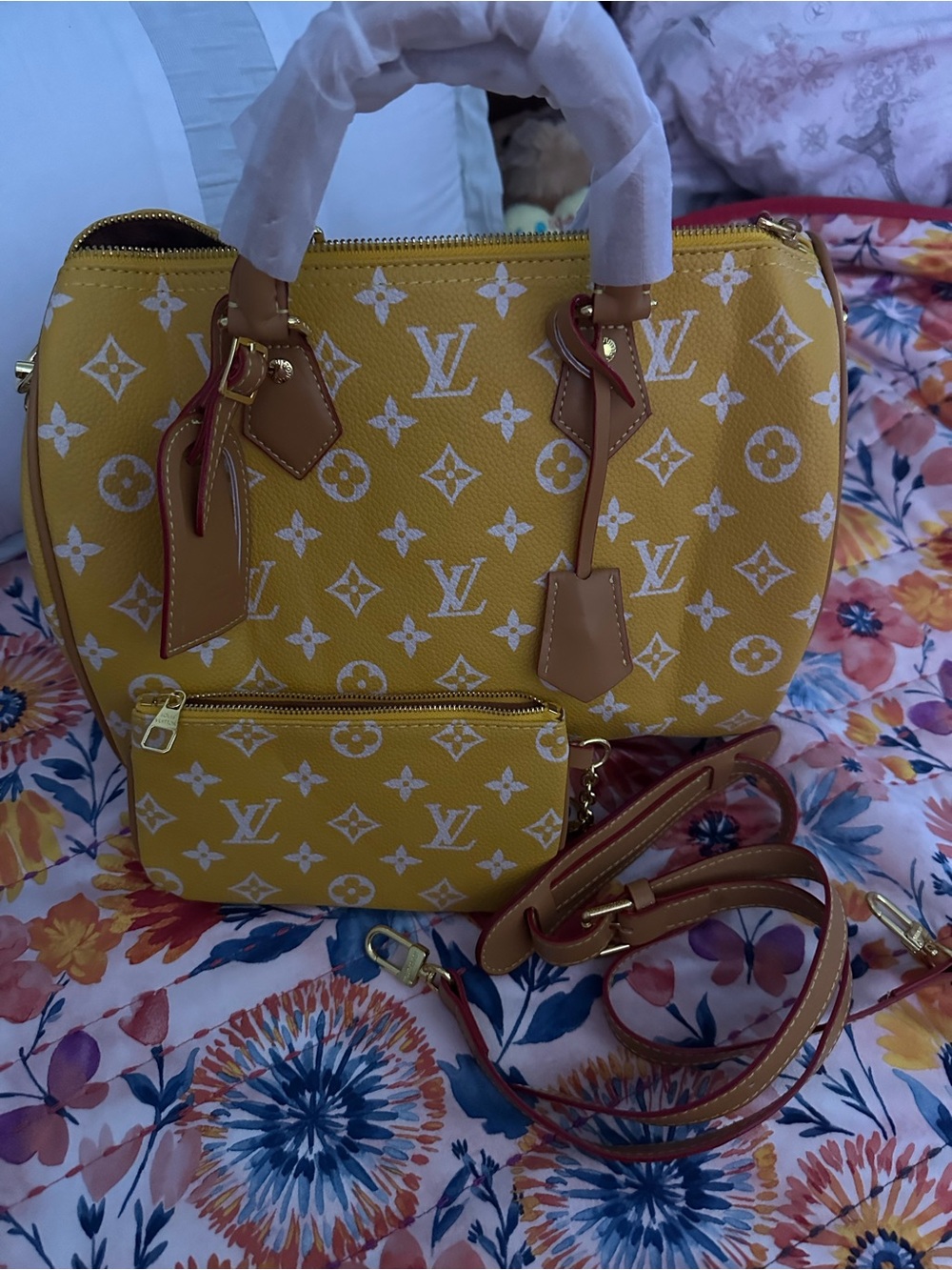 Yellow Monogram Satchel with White Pattern - Women’s Satchel. Speedy - Picture 2 of 4